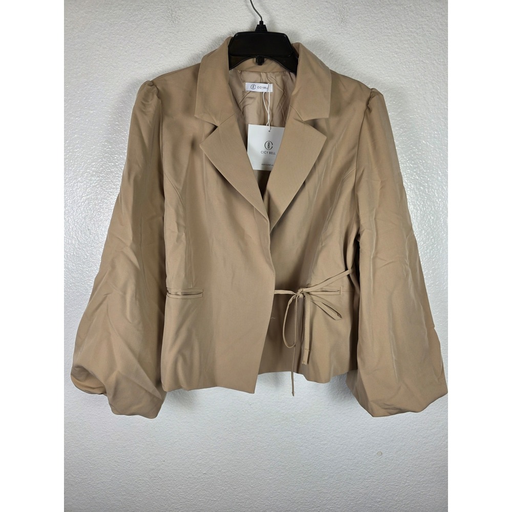 Cicy Bell Womens Khaki Puff Lantern Sleeve Tie Front Blazer Large